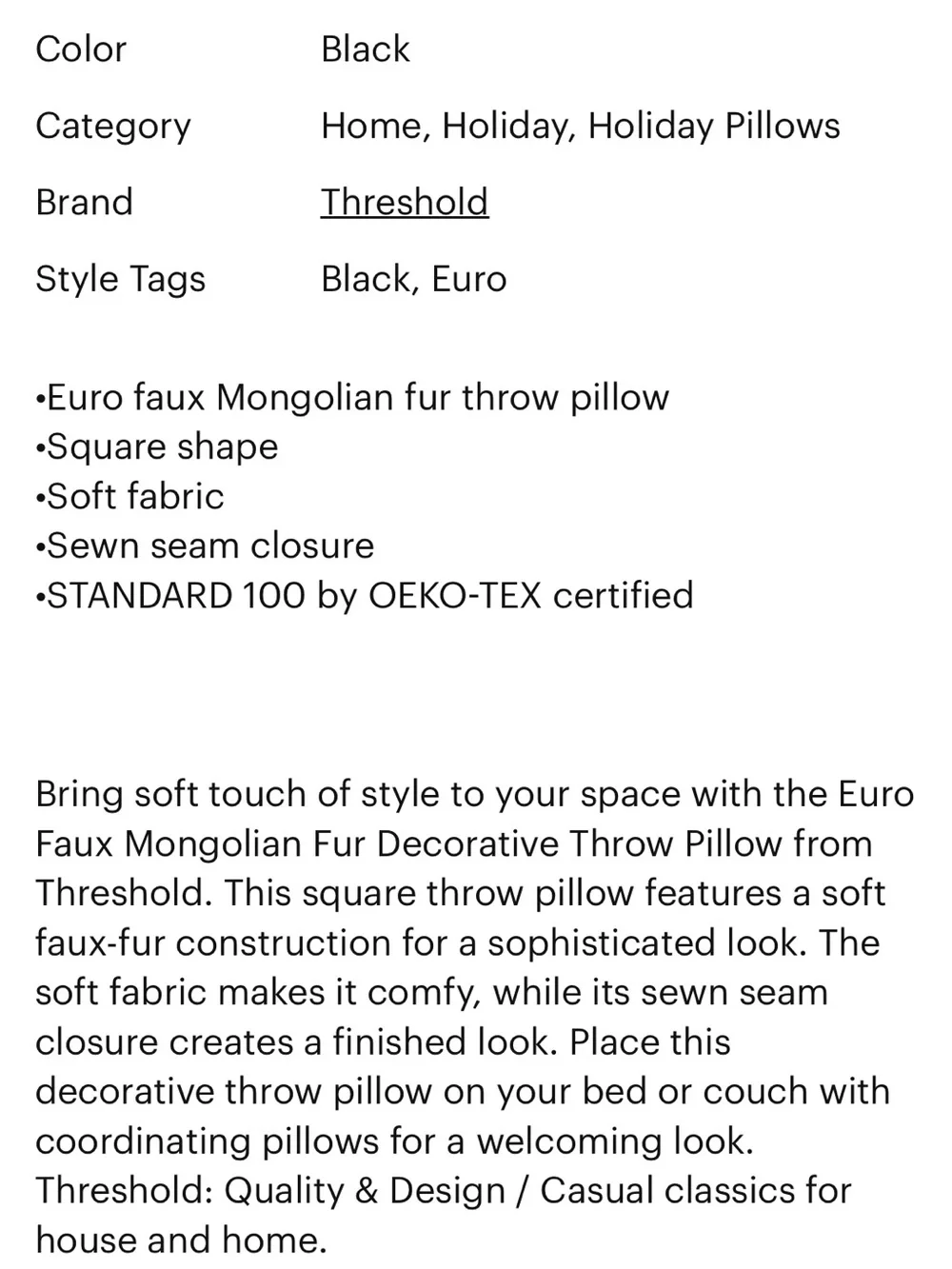 Threshold Black Faux Mongolian Fur Decorative Accent Pillow